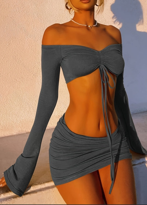 “ Bella” Drawstring Lace Top And Skirt Suit